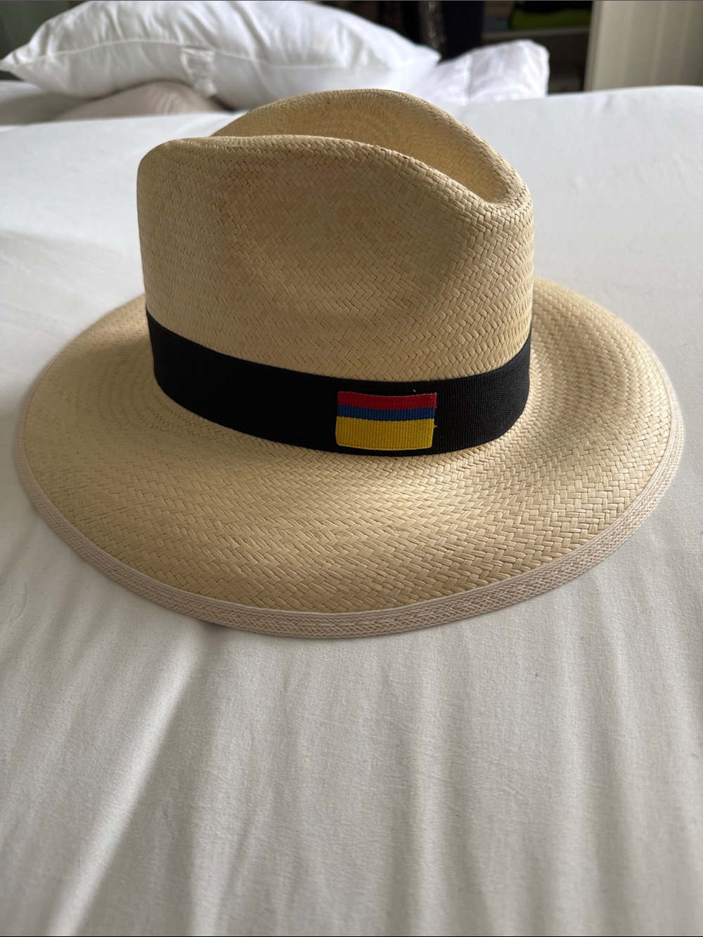 Natural Straw Fedora with Black Band and Multicolor Patch